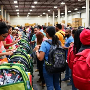 Community volunteers assembling school backpacks in a warehouse.