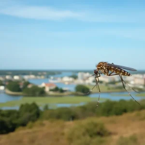 A close-up of a mosquito with a Bristol, R.I. landscape in the background.