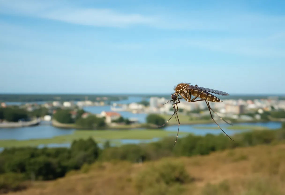 A close-up of a mosquito with a Bristol, R.I. landscape in the background.