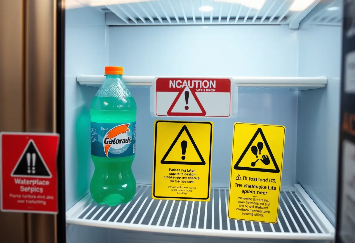 Refrigerator in an office setting with a caution sign