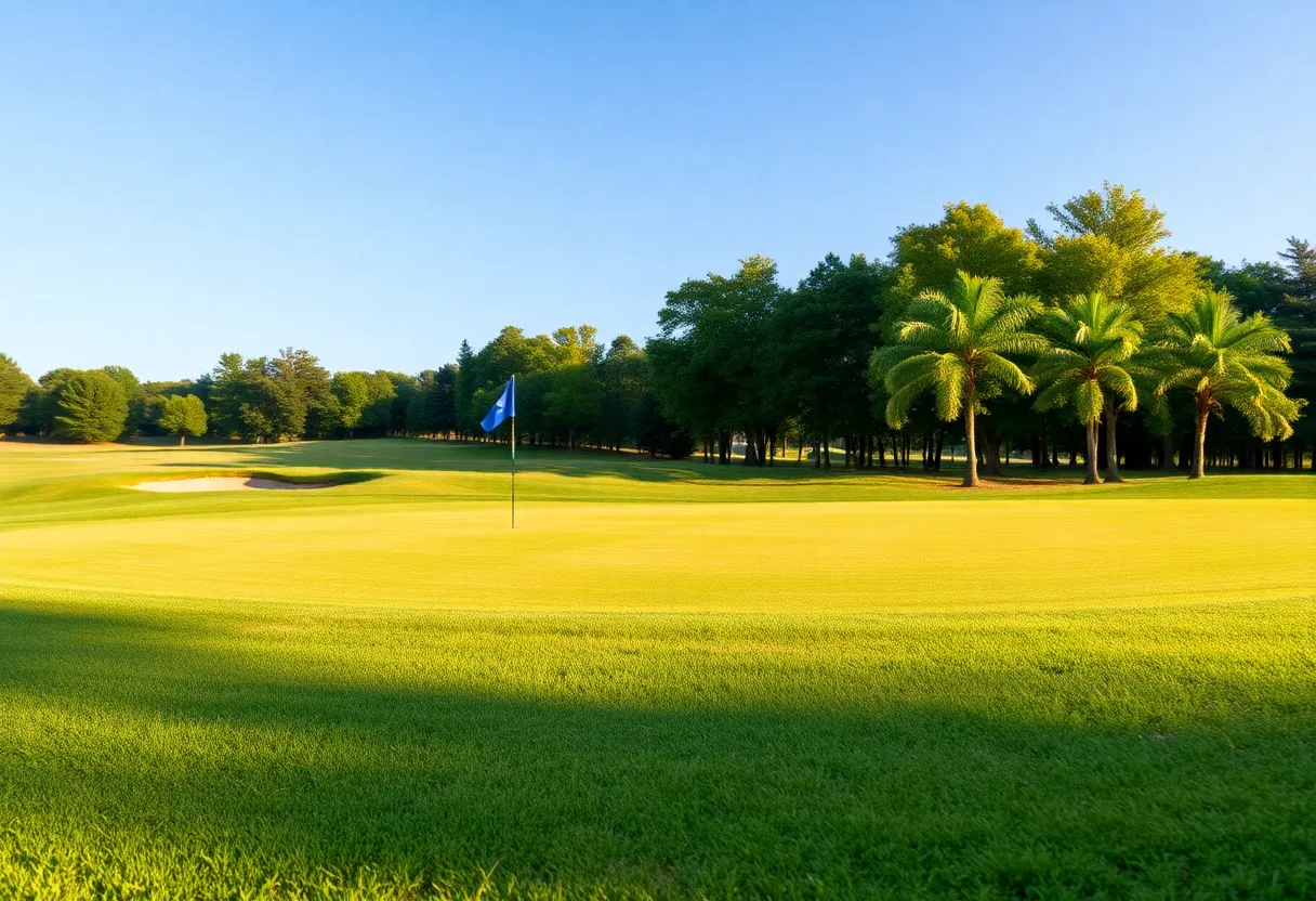 Scenic view of a golf course in a northern town surrounded by nature.