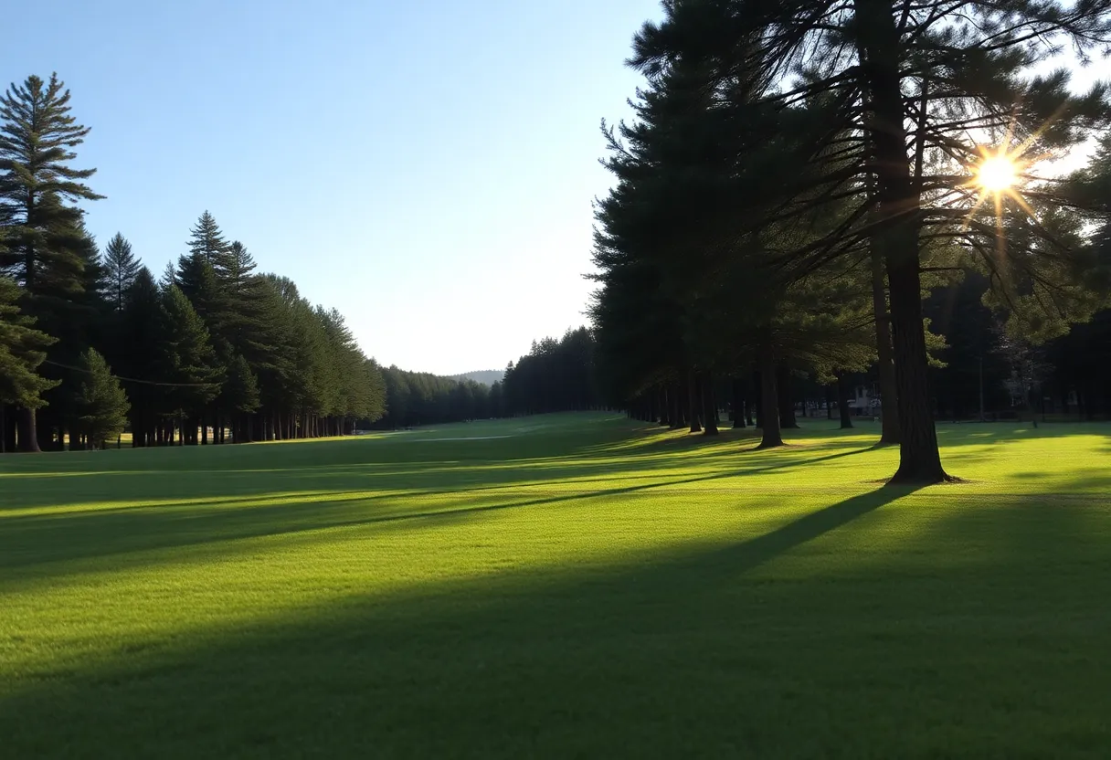 Golfers enjoying their time at a lush golf course with a clubhouse in the background.