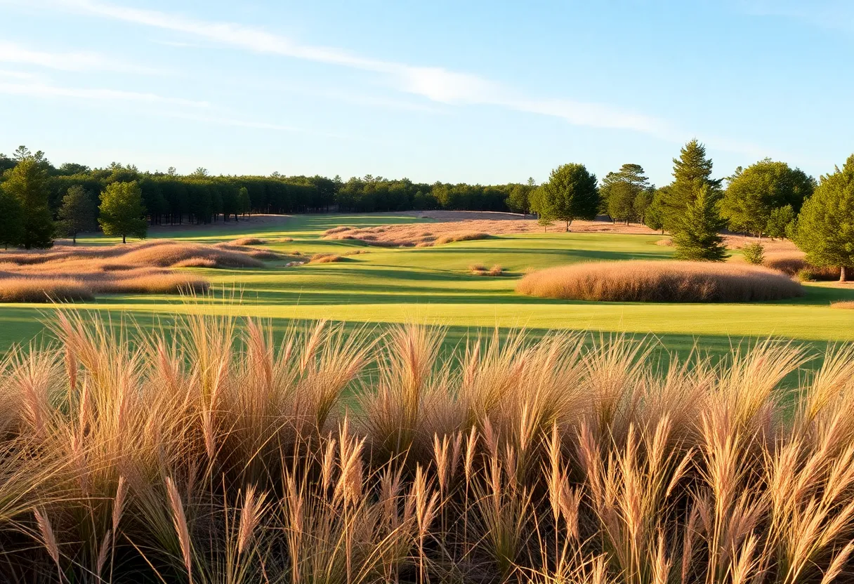 A picturesque golf course at sunset, symbolizing remembrance and community spirit.