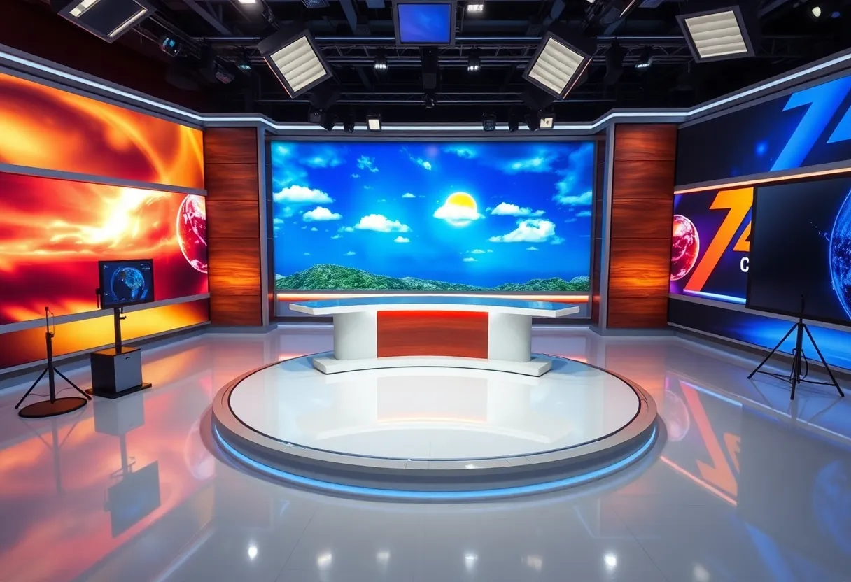 Empty ABC6 newsroom with weather graphics background