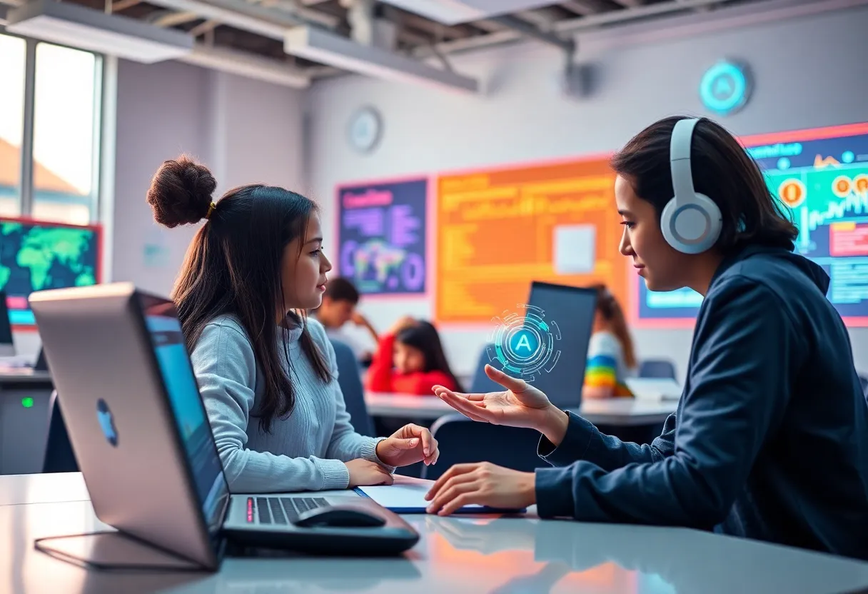Students collaborating with AI technology in a modern classroom.