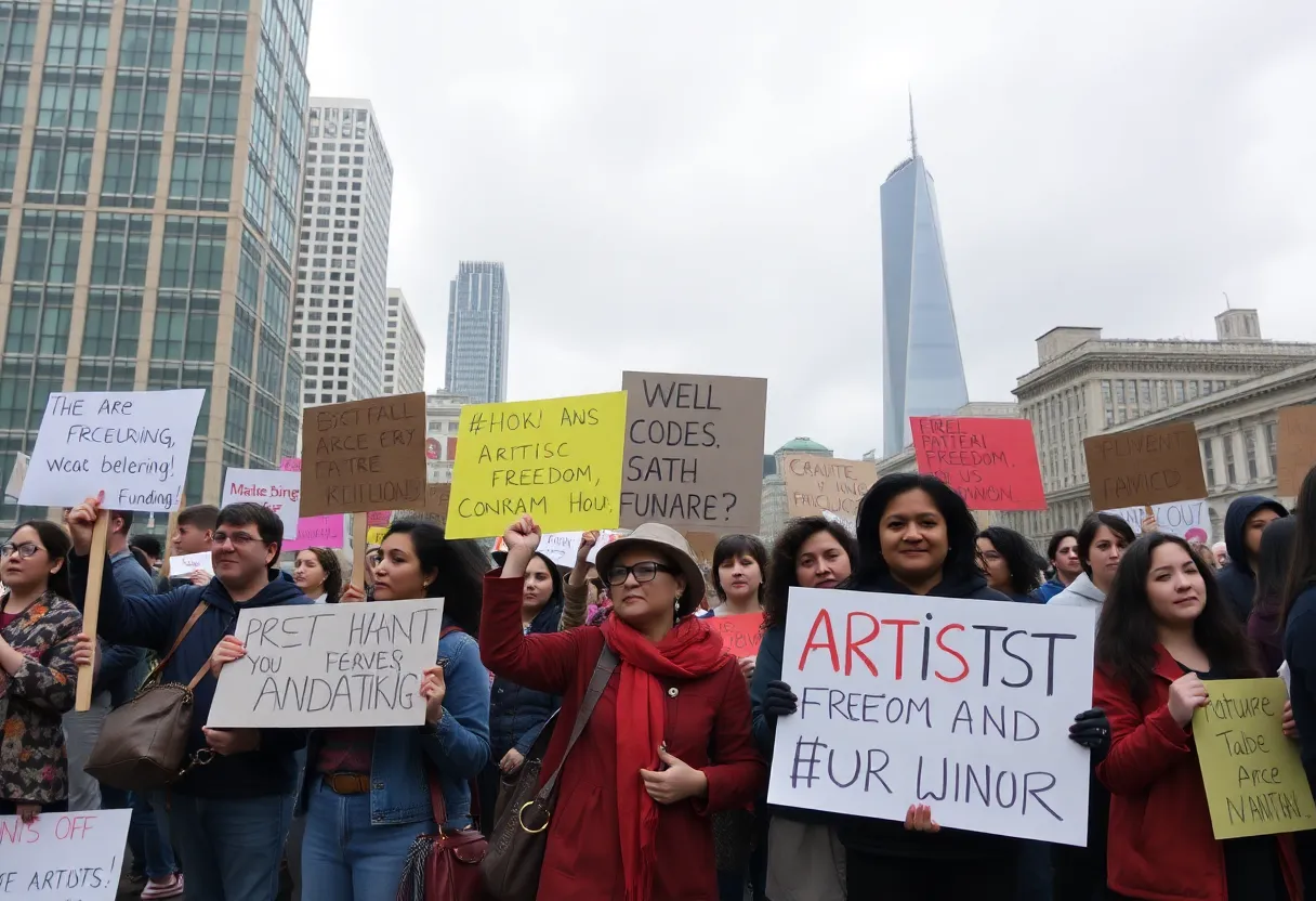 Artists holding signs advocating for freedom in arts funding