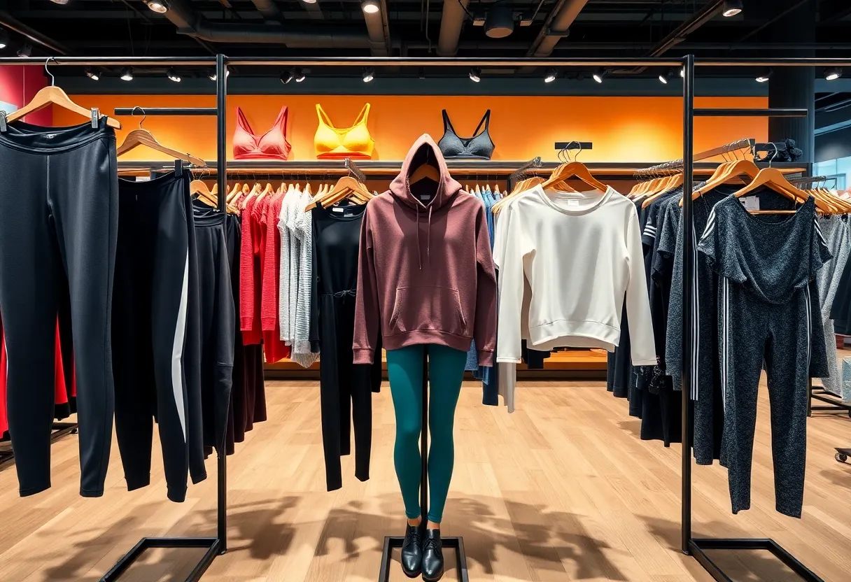 Collection of stylish athleisure clothing displayed in a modern store.