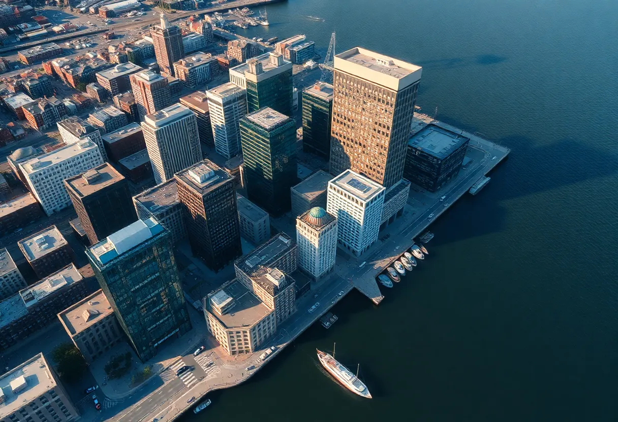 Aerial view of modern buildings in Boston's Seaport District