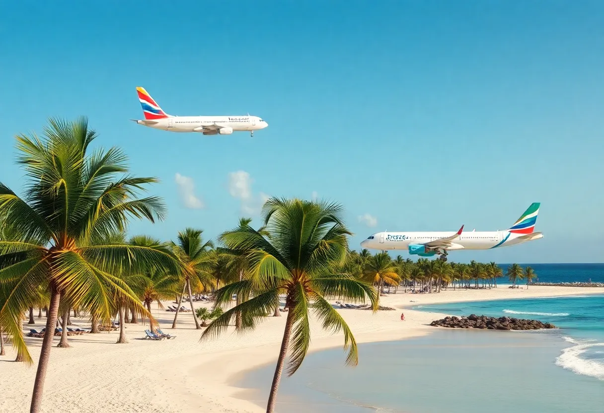 Breeze Airways airplane flying over Cancun beach