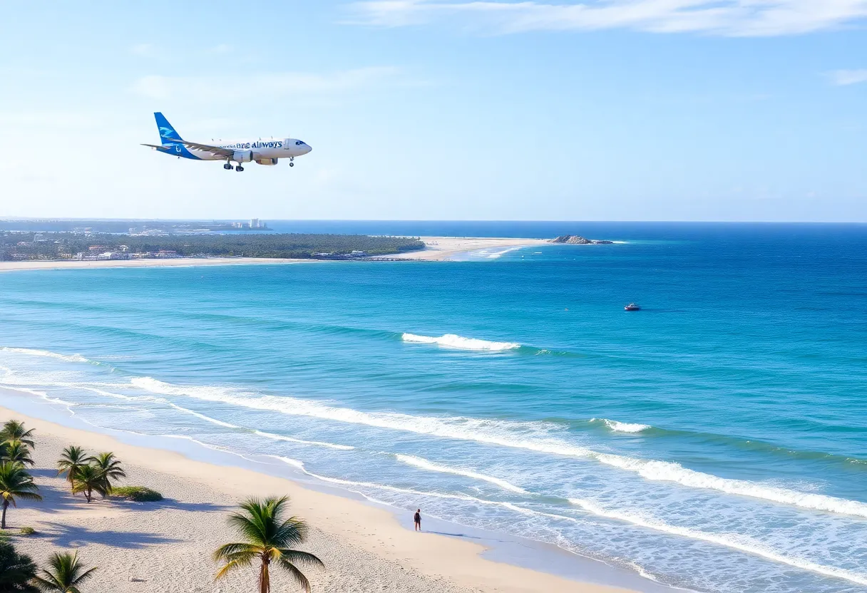 Breeze Airways airplane taking off to Cancun from T.F. Green International Airport