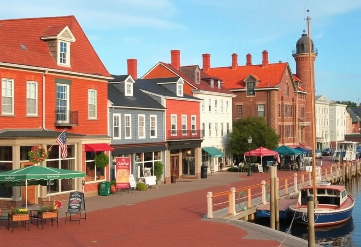 Scenic view of Bristol, Rhode Island featuring waterfront and historical buildings