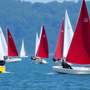 Sailing teams competing in a regatta with multiple boats on the water.