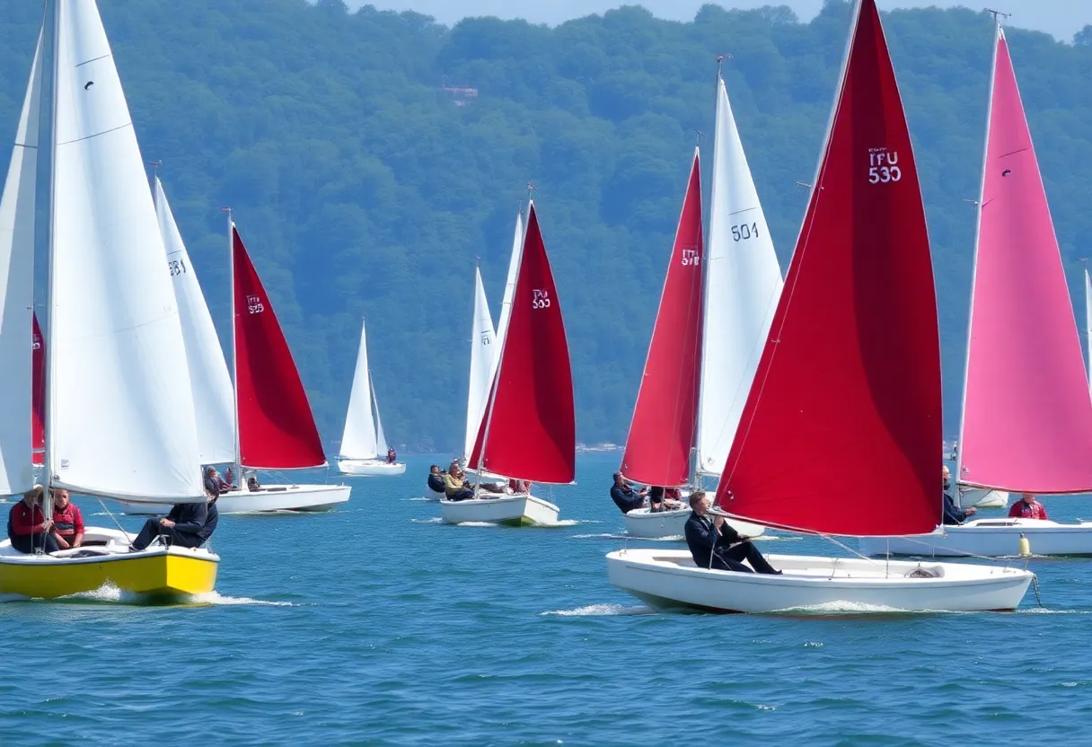 Sailing teams competing in a regatta with multiple boats on the water.