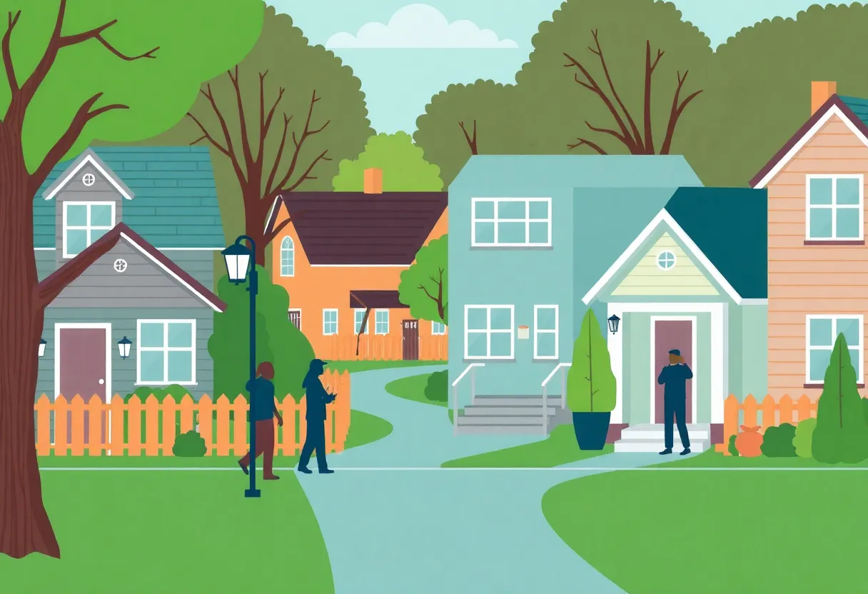 Illustration depicting community vigilance against burglary targeting Asian descent households