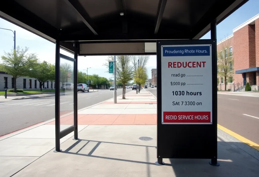 Empty bus stop in Providence with reduced service notice