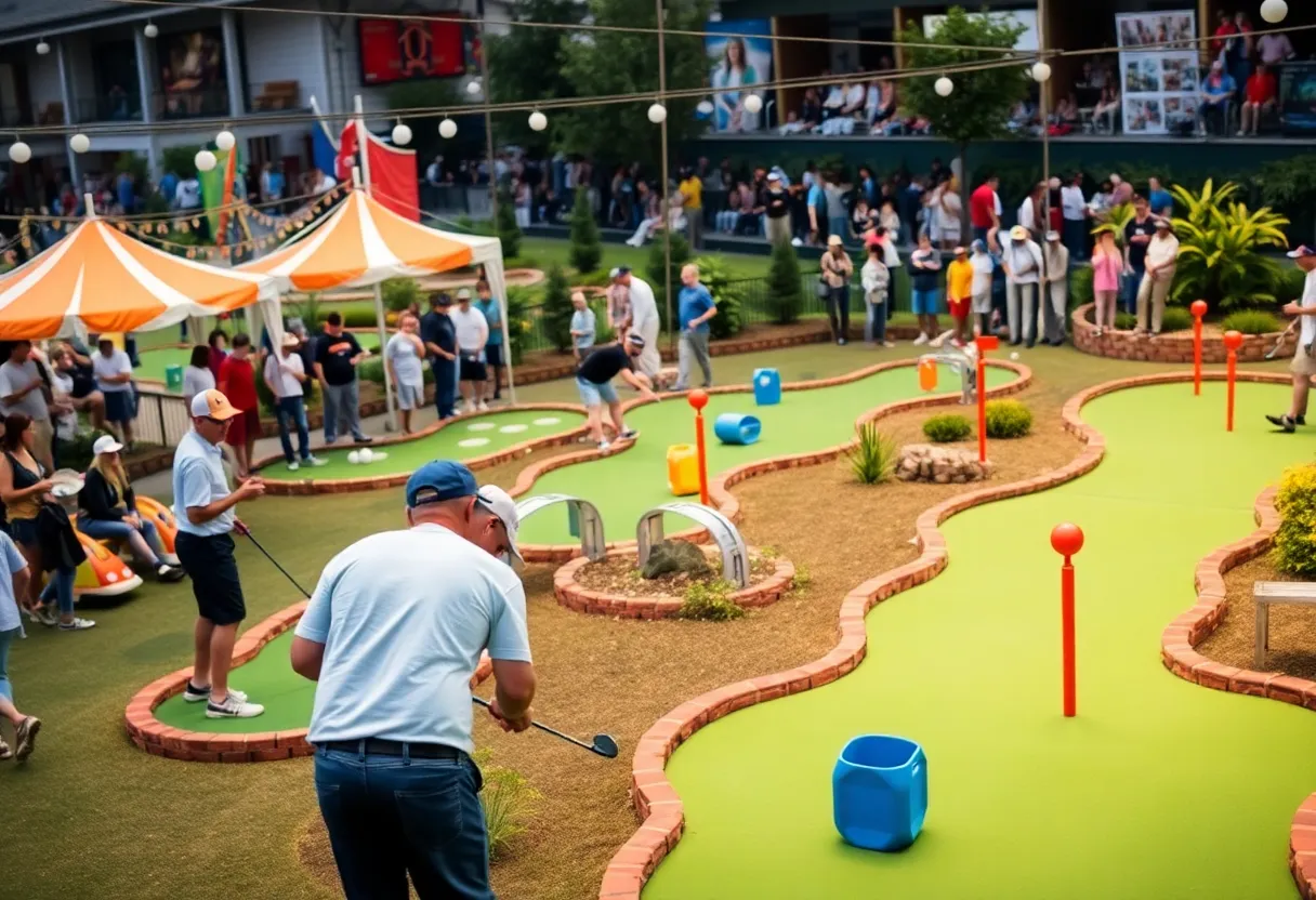 Golfers participating in the Canton miniature golf tournament on a sunny day.