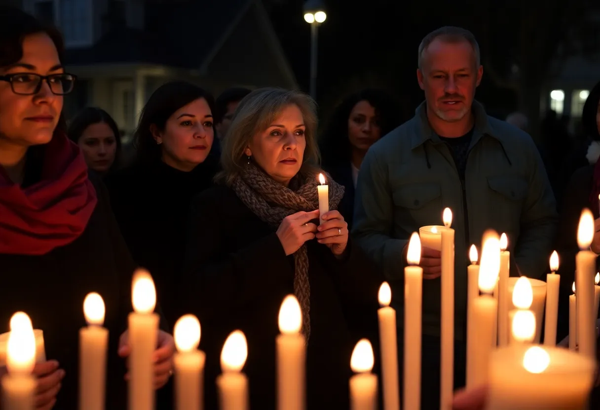 Community vigil honoring Charlie Kirk with lit candles and banners.