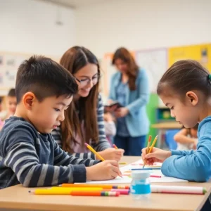 Students in a classroom participating in art activities