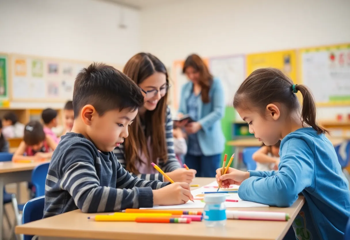 Students in a classroom participating in art activities