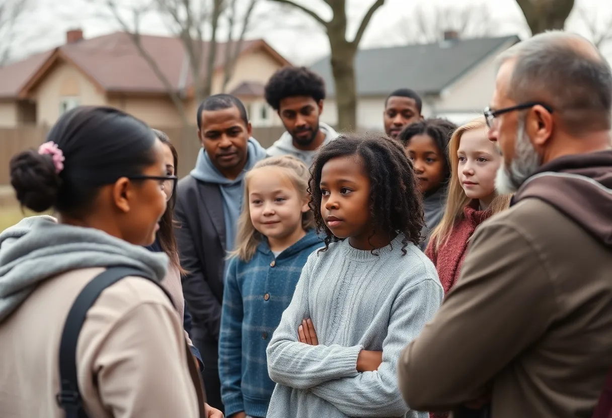 People discussing child safety in a community setting