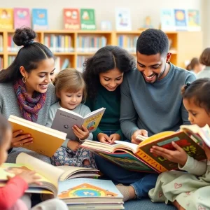 Community literacy event for children with books and families participating