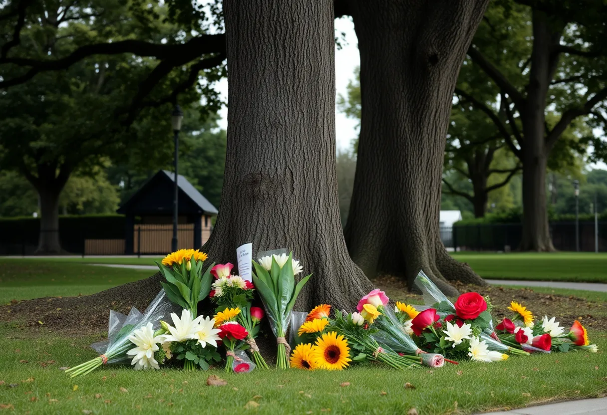 A community memorial scene with flowers and a tree