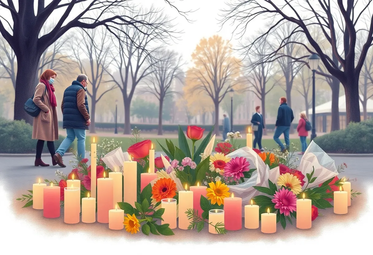 An illustration representing community mourning with candles and flowers