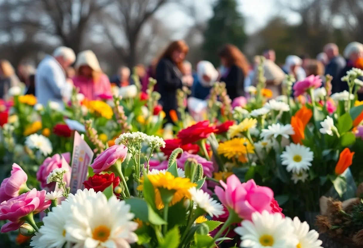 People gathering to honor the memory of educator Wendy Polak with flowers.