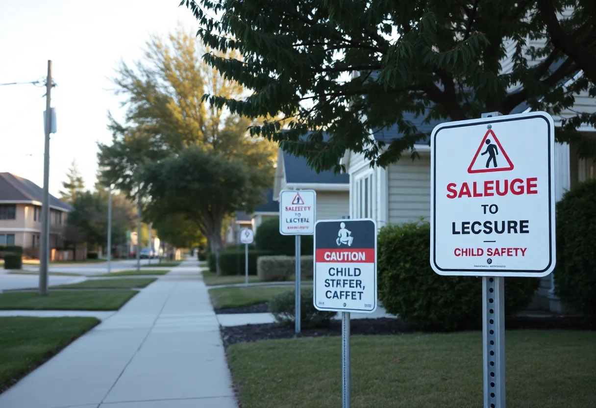 Caution sign about child safety in a residential area