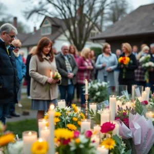 Community members honoring local figures with candles and flowers.
