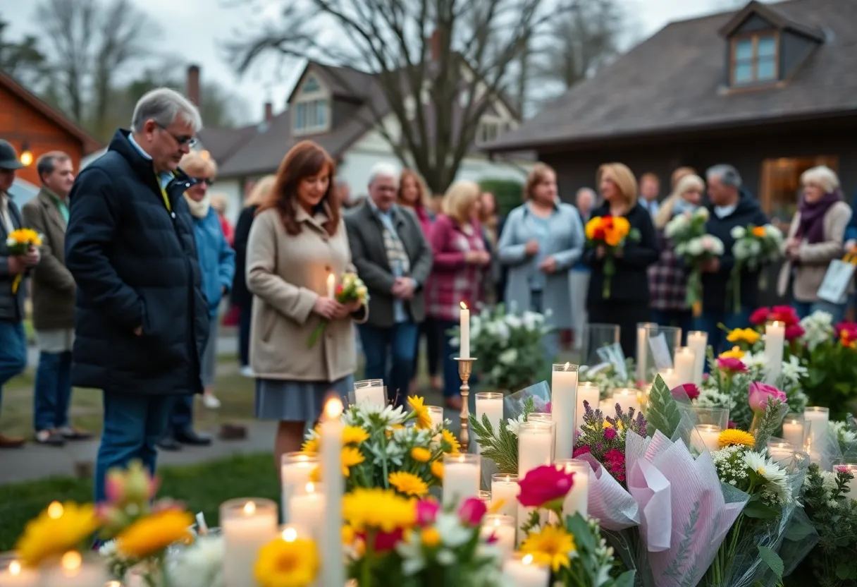 Community members honoring local figures with candles and flowers.
