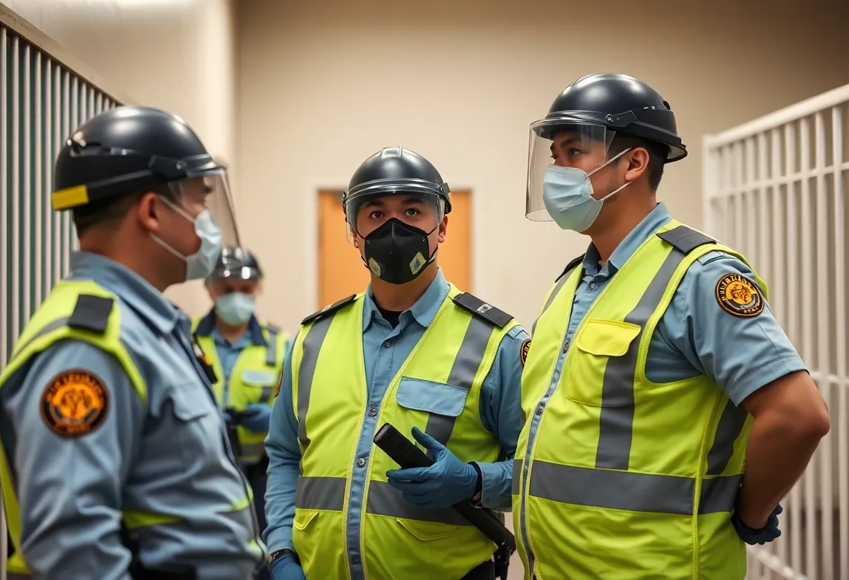 Correctional officers implementing safety measures in a facility