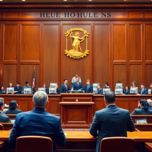 Courtroom with gavel and housing advocacy symbols.