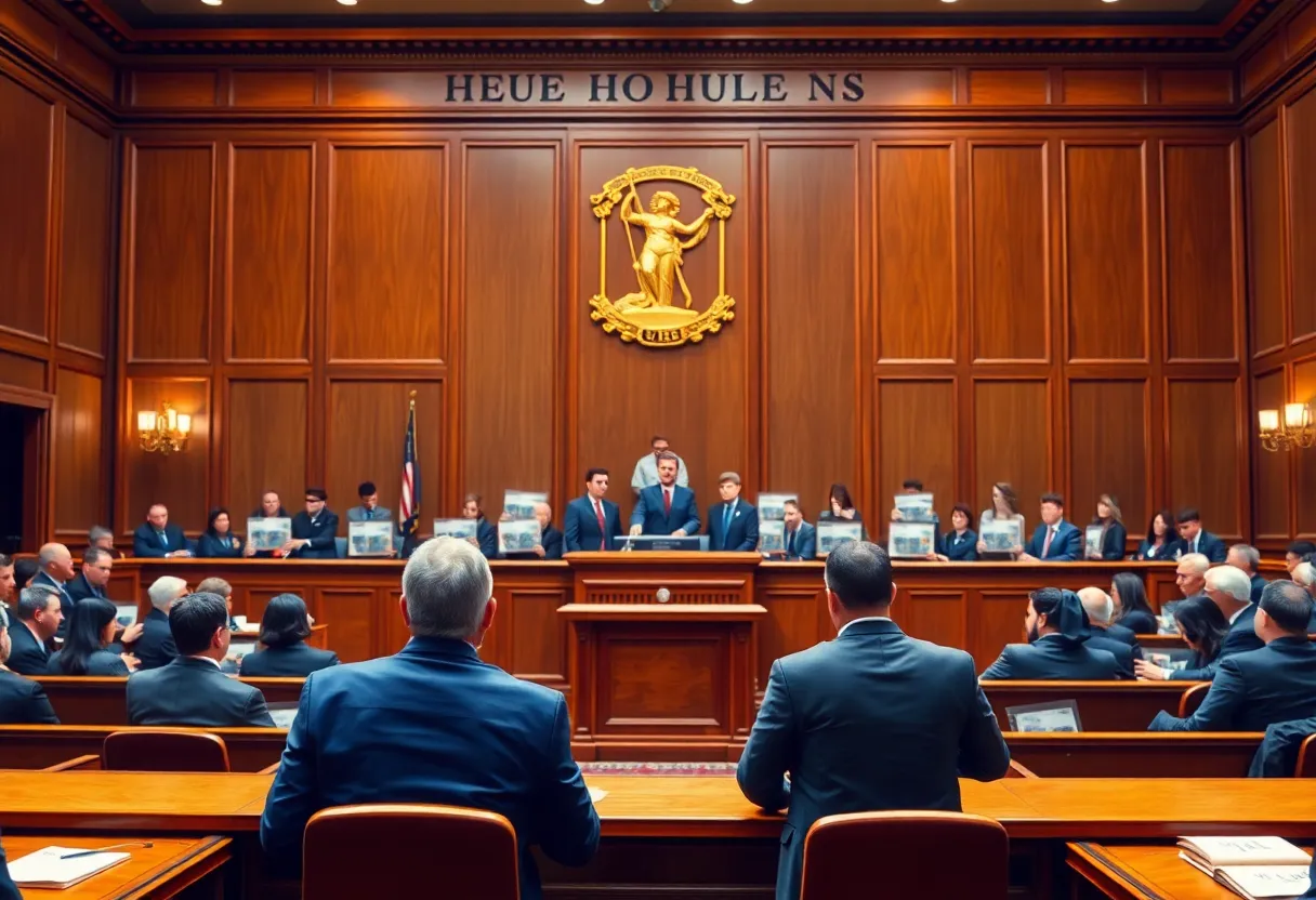 Courtroom with gavel and housing advocacy symbols.