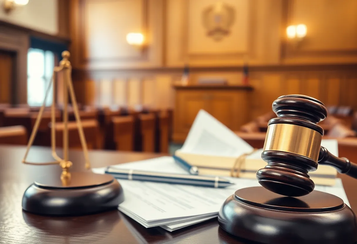 A courtroom with legal documents symbolizing justice