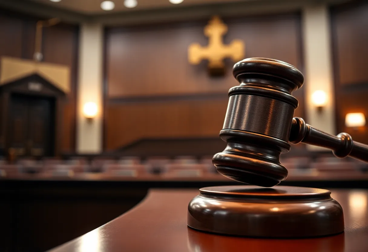 A gavel placed on a bench in a courtroom setting, symbolizing justice.