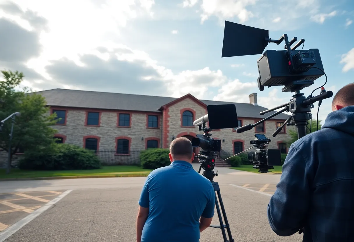 Film crew setting up at Cranston Street Armory