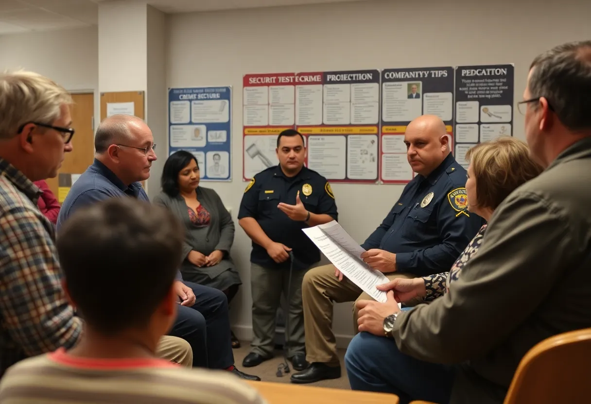 Residents gather at a community meeting about crime prevention with police officers.