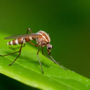 Culex mosquito on a leaf, a vector of West Nile virus.