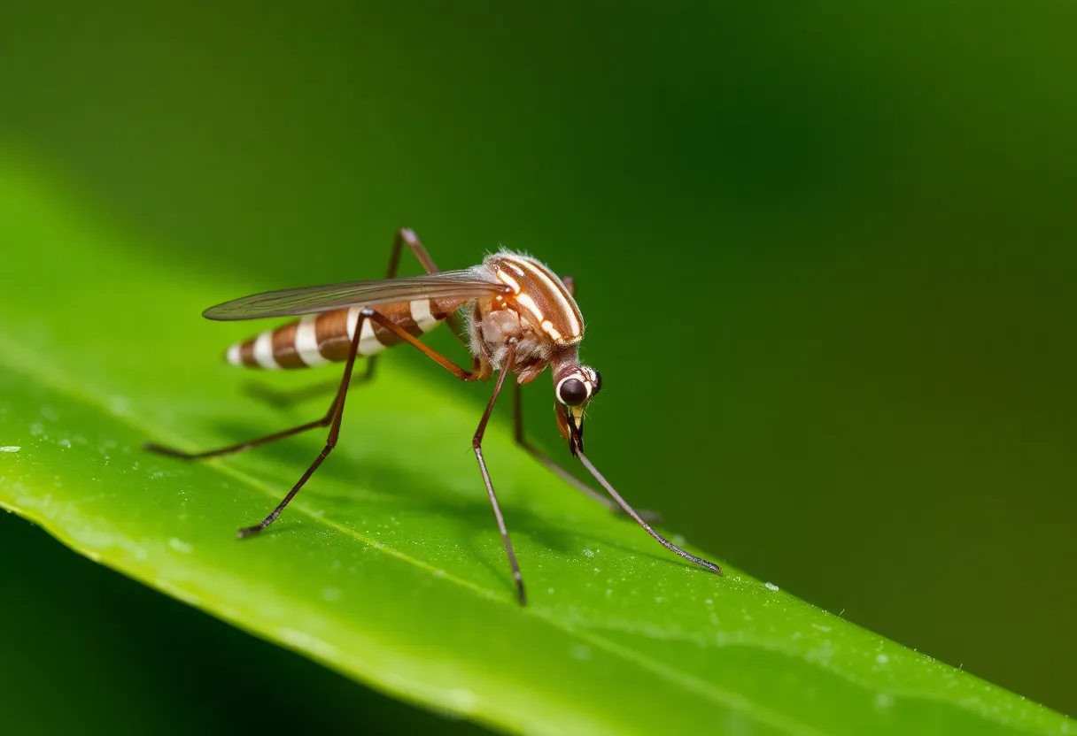 Culex mosquito on a leaf, a vector of West Nile virus.