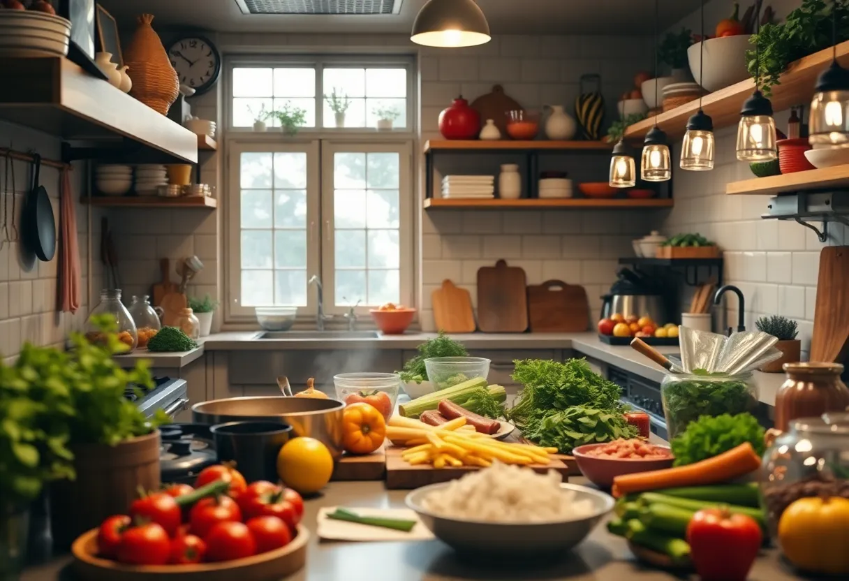 A warm kitchen scene with fresh ingredients and cheerful ambiance.