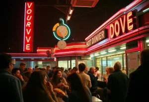 A vibrant late-night diner atmosphere with customers enjoying hot dogs.