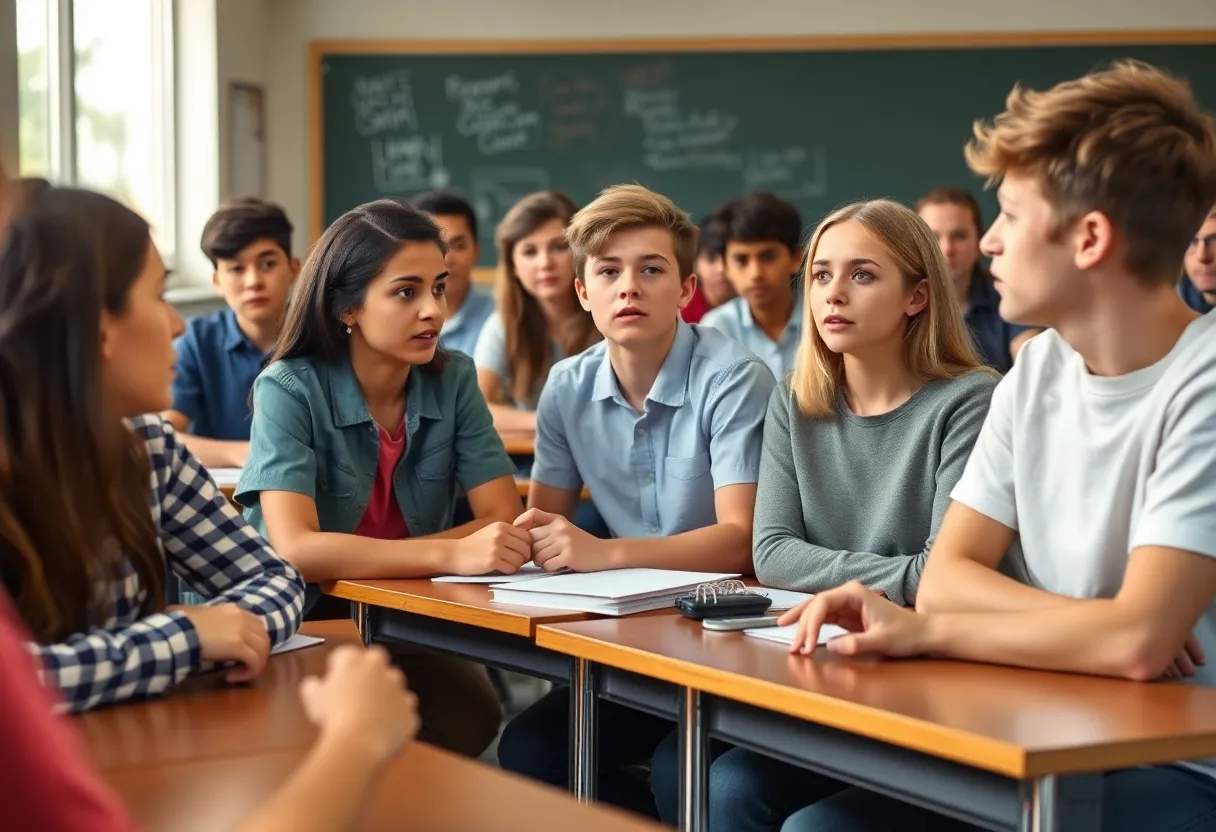 Students discussing free speech in a classroom.