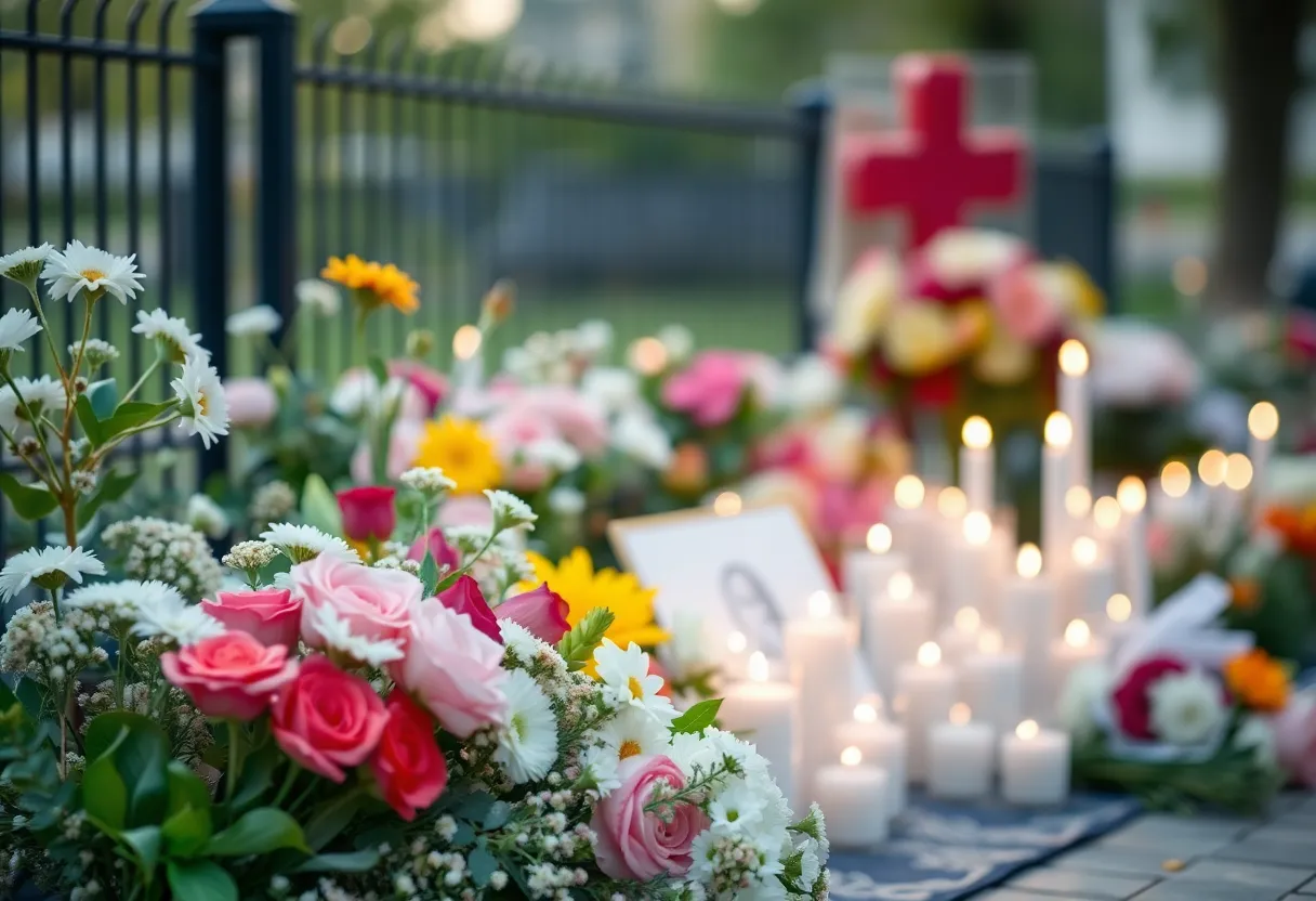Memorial setting with flowers and candles for Dianne M. D'Errico