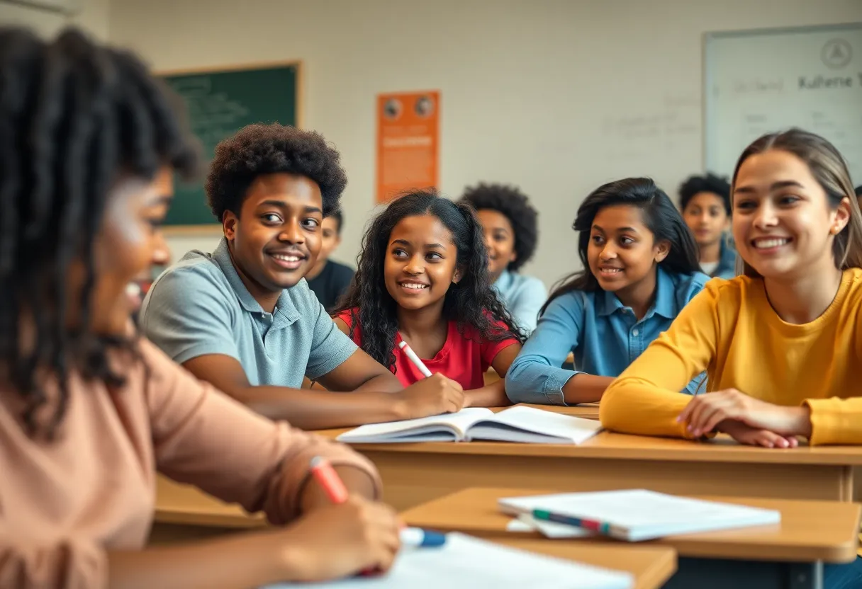 Students of diverse backgrounds learning in a classroom.