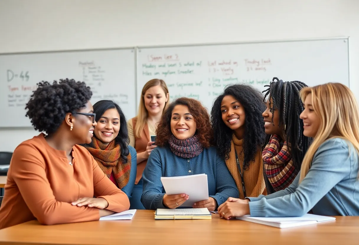 Teachers of various ethnic backgrounds collaborating in a classroom environment.