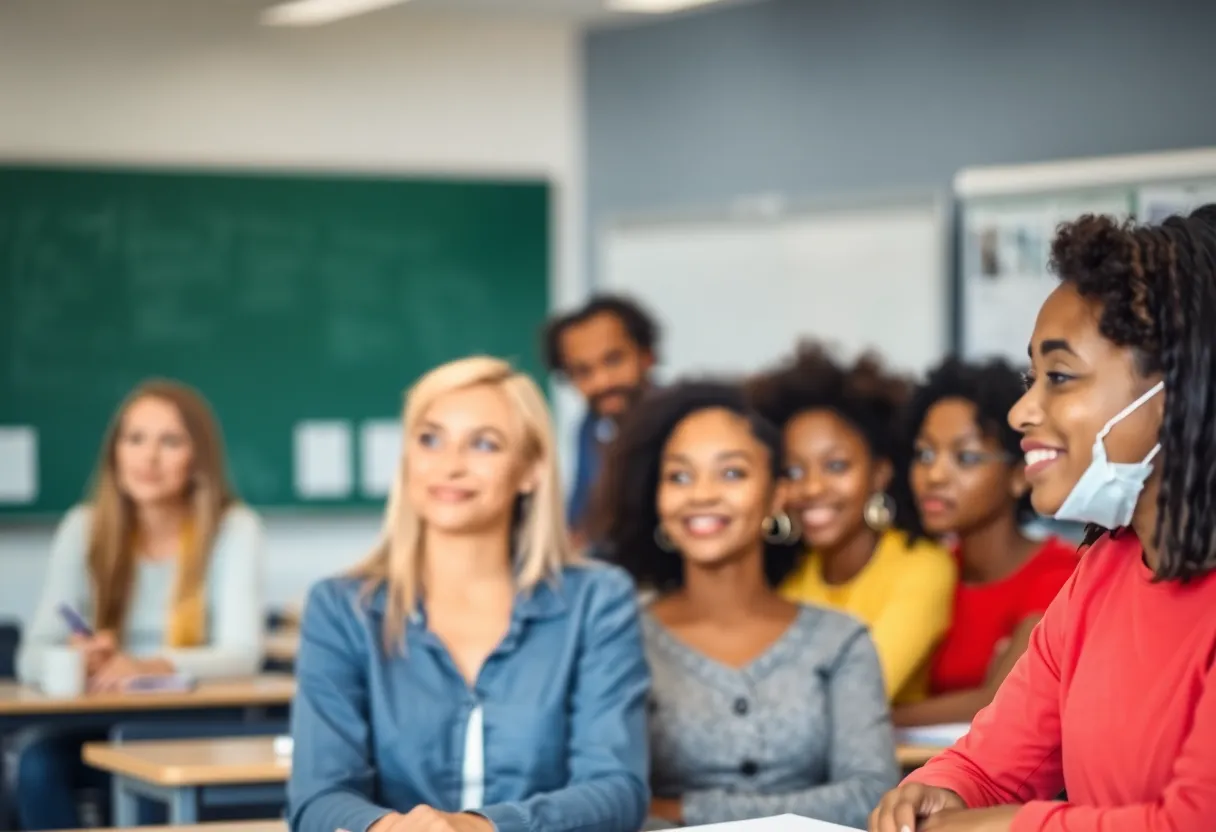 Group of diverse teachers in a classroom promoting inclusivity.