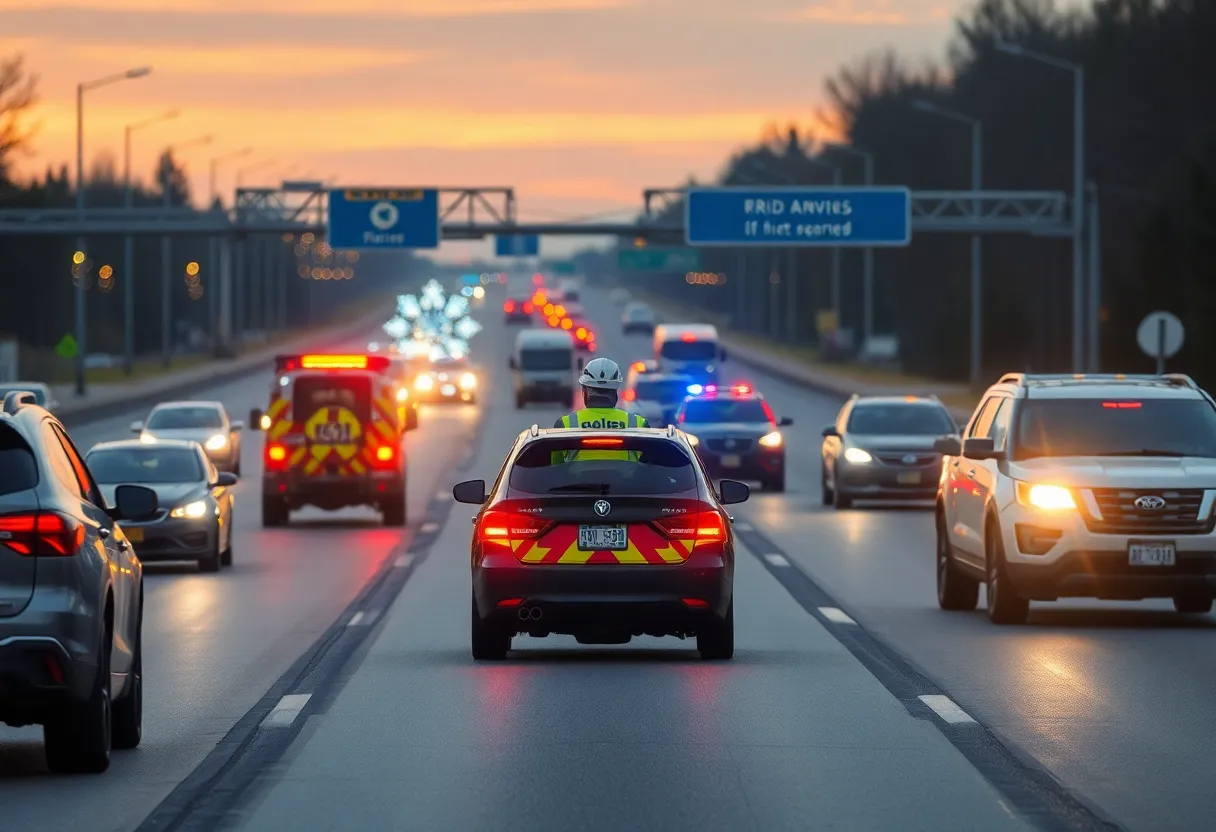 Police conducting DUI checks on a busy highway during a holiday weekend