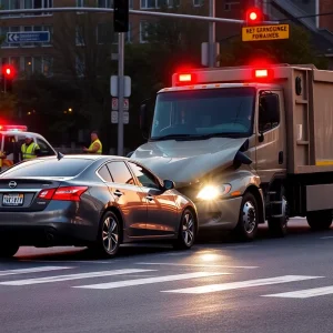 Scene of a car crash involving a Nissan Altima and a garbage truck