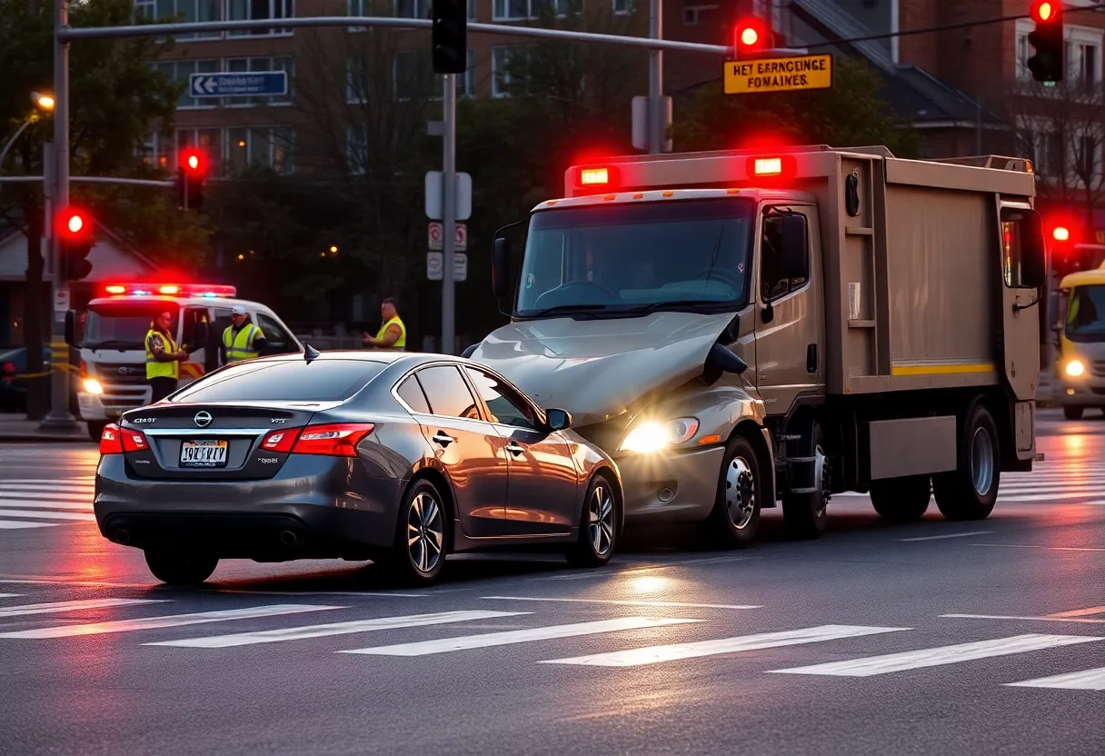 Scene of a car crash involving a Nissan Altima and a garbage truck